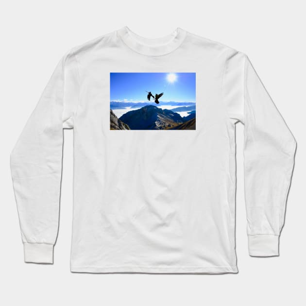 Alpine Jackdaws Panorama / Swiss Artwork Photography Long Sleeve T-Shirt by RaphaelWolf
